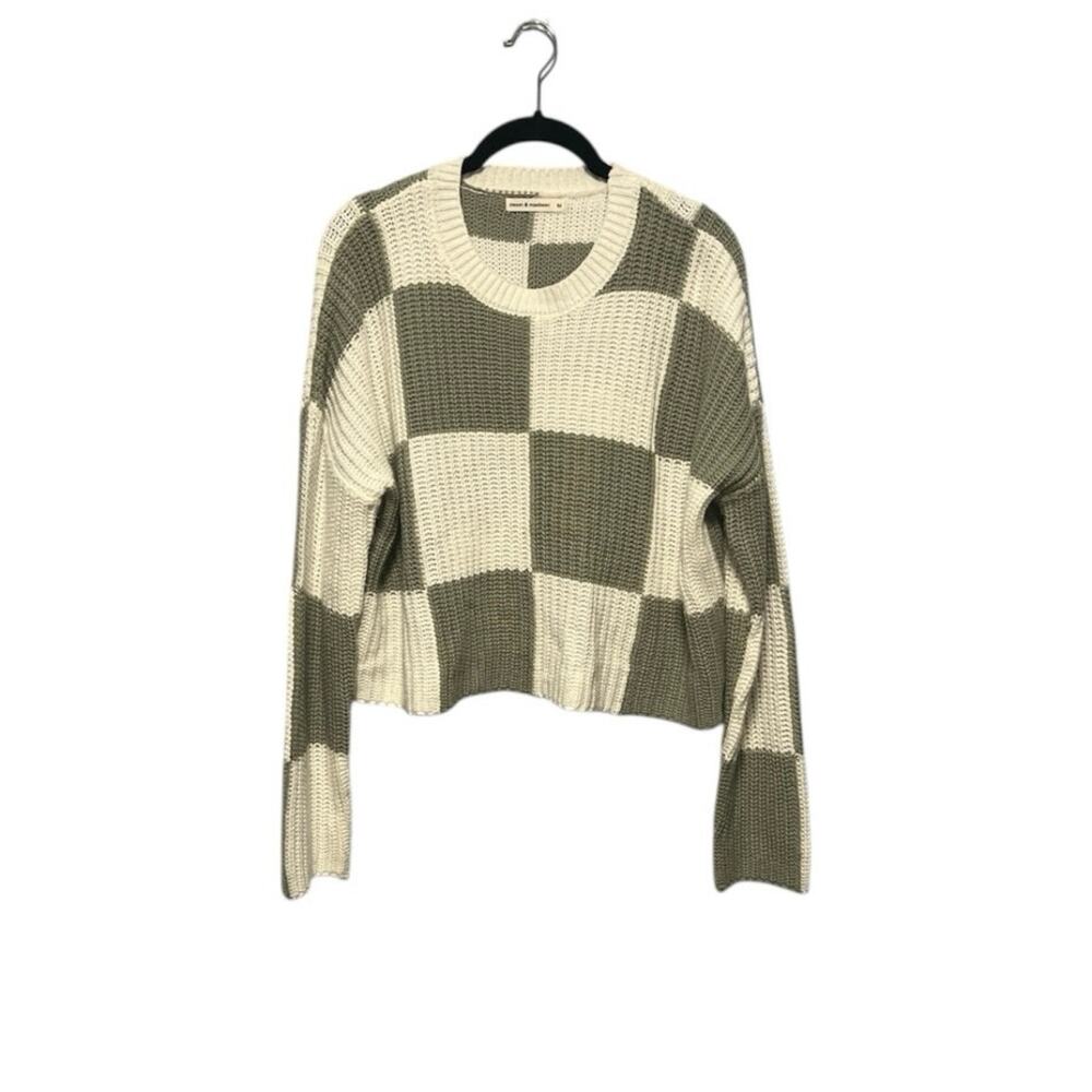 Moon & Madison Checkered Green and White Cropped Oversized Sweater Sz Medium